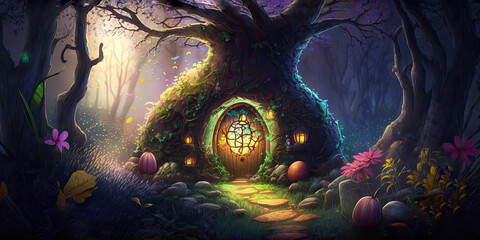 Beautiful fairy house in a tree, fairytale storybook illustration, Generative AI