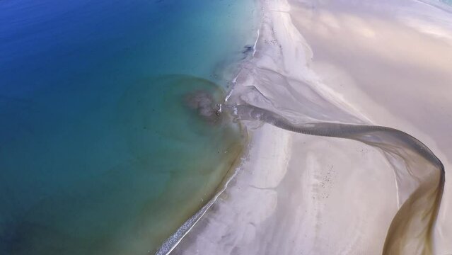 Drone shot of the features of Gress beach at low tide on the Outer Hebrides of Scotland.
