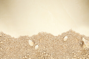Beach sand texture with sea shells. Sandy beach for background. Top view bounty island copy space background texture, Summer Holiday concept tropical