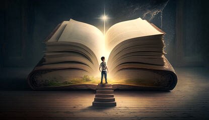 Abstract art. Colorful painting art of a boy exploring the mystery of a book. Memory or emotion concept. Generative AI.