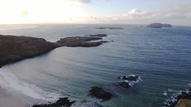 Drone shot of the ocean vista beyond Bosta beach, Great Bernera on the Outer Hebrides of Scotland.