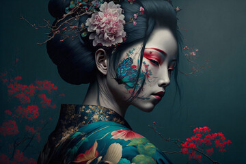 geisha with sakura flowers, portrait of a japanese woman, fictional person created with generative ai - obrazy, fototapety, plakaty