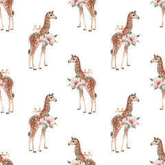 Naklejka premium seamless pattern with watercolor giraffe and flowers cute illustration for kids wallpaper notebook clothes textile paper dress bed sheets