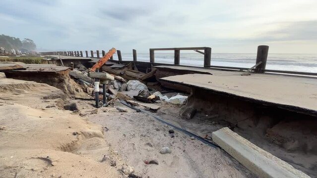 Scenic Spot At The Seacliff State Beach Devastated By Storm In Aptos, California, USA. static