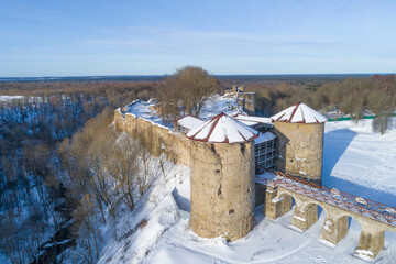 Ancient Koporskaya fortress in February landscape (aerial view). Koporye. Leningrad region, Russia