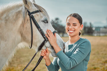 Pet, horse and smile with portrait of woman in countryside for adventure, race or embrace. Relax,...