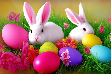 Fototapeta premium easter bunnies with easter eggs on a grass field