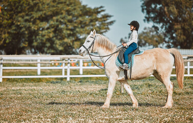 Horse riding, child equestrian and countryside with mockup and girl ready for sports training....