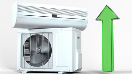 Air conditioner upgrade illustration. Repair ac. 3D render isolated on white. Air conditioner units green arrow up symbol.