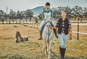 .Horse, portrait and mockup with a woman coach training a student on horseback at a farm or ranch....