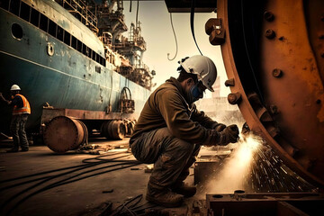Welder at work on shipbuilding, shipyard, heavy industry, ai generative