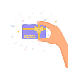 Gift card, certificate, voucher in hand. Flat design concept for landing page. Vector illustration for website, banner.