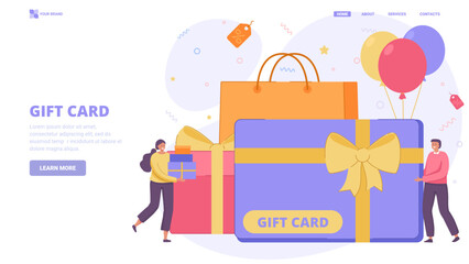 Gift card, certificate, voucher. Flat design concept with characters for landing page. Vector illustration for website, banner.