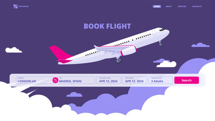 Book flight, buy tickets online, search tickets online service. Flat design concept with characters for landing page. Vector illustration for website, banner.