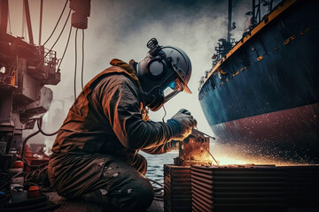 Naklejka na ściany i meble Welder at work on shipbuilding, shipyard, heavy industry, ai generative