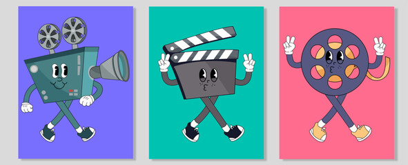 Groovy Retro film camera, cine film, slate board. Cute cartoon characters with hands, legs, eyes. Cinema, movie theater, cinematography, movie watching concept. Hand drawn Vector illustration