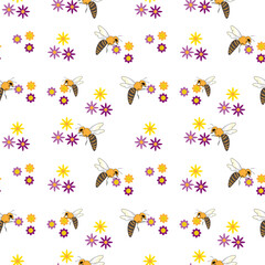 Seamless vector pattern of bees and flowers on white background. Drawing for children's textiles