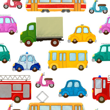 City transport seamless pattern. Cars, truck, bus, tram, fire truck, taxi, police, scooters. High resolution, transparent background