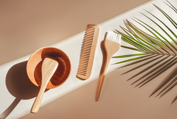 Hairdressers' tools used for dyeing hair in an eco style lie in a sunbeam with a green branch of a...