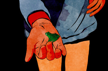 Ilustracja mała żabka siedząca na ludzkiej dłoni, mocne kontrastowe kolory