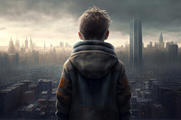 Kid looking at destroyed city post apocalypse city. Generative AI illustration - obrazy, fototapety, plakaty