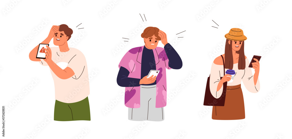 Poster sad anxious characters with mobile phones, reading bad news, message in internet. upset shocked scar
