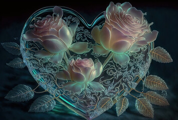ice, crystal heart with roses. Generative AI image.