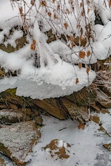 Winter landscape with snow-covered rocks and grass on the river bank