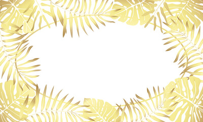 Horizontal oval frame with golden leaves of tropical plants. Vector illustration with free space for text.