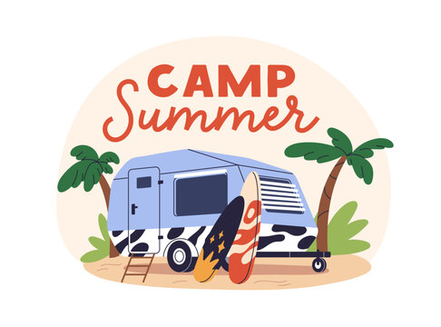 Camper Car, RV And Surfboards. Summer Camp, Tourism, Surfing Concept. Holiday Vehicle, Trailer, Home On Wheels For Adventure And Travel. Flat Graphic Vector Illustration Isolated On White Background