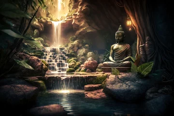 Tuinposter Zen garden with buddha statue and lotus flower. Generative AI © Marc Andreu