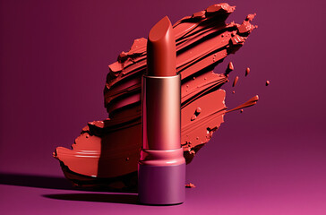 Red purple pink lipstick on pink background. Generative AI.
