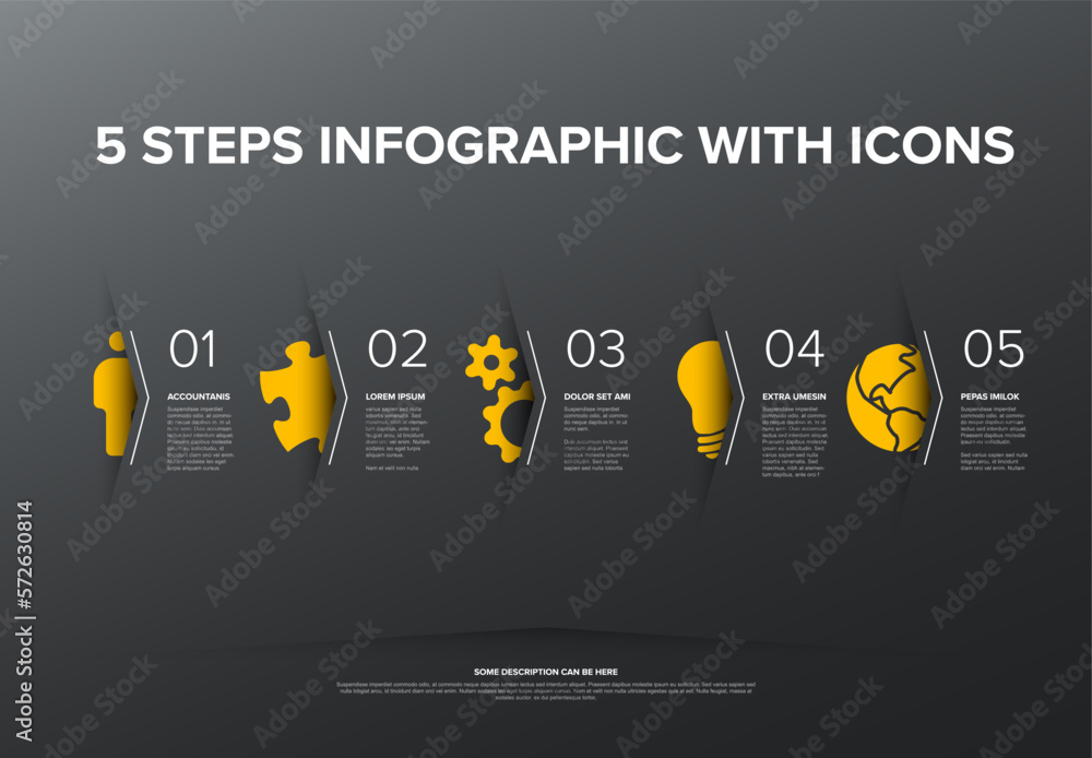Aufkleber vector five steps progress or options template with big icons on dark gray background