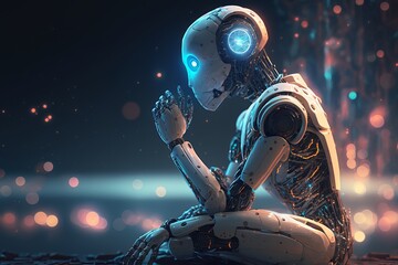 Fototapeta na wymiar Ai Robot thinking with hand on chin, Artificial intelligence glowing light background. Generative Ai