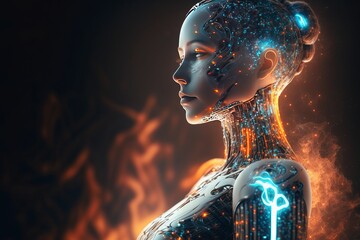Woman Ai Robot using brain, Humanoid on glowing light background. Generative Ai