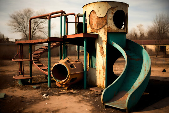 The weirdest most unusable defunct playground for kids, abandoned in the middle of a dry nowhere, symbol of bad planning, weird architecture, modern