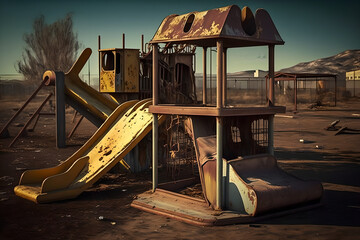 The weirdest most unusable defunct playground for kids, abandoned in the middle of a dry nowhere, symbol of bad planning, weird architecture, modern