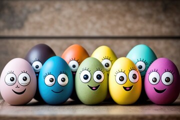 Colored easter eggs with funny expressions. Generative AI