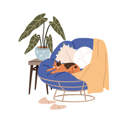 Cute cat sleeping in armchair at home. Feline animal dreaming, asleep in cosy comfortable chair. Adorable kitty lying, resting in comfort. Flat vector illustration isolated on white background