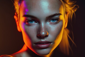 Fotograf&iacute;a de estudio mujer joven, fotograf&iacute;a moderna con luces de ne&oacute;n a modelo, creado con IA generativa