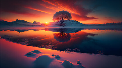 winter sunset landscape with vivid colors snow, trees and far mountains, neural network generated art. Digitally generated image. Not based on any actual person, scene or pattern.