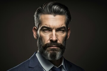 retrato de estudio hombre maduro elegante de mirada penetrante muy seguro de si mismo, apuesto directivo de empresa, creado con IA generativa
