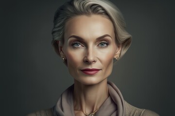 Fototapeta premium Fotografía de estudio de mujer madura con canas muy elegante, empresaria, mujer de éxito, creado con IA generativa