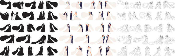 set woman and man wedding silhouette isolated