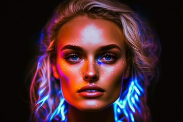 Naklejka premium Fotografía de estudio mujer joven, fotografía moderna con luces de neón a modelo, creado con IA generativa
