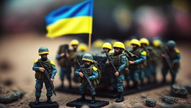 Ukraine Miniature Toys Army Soldiers and Ukrainian Flag in War Scene Illustration, Macro Tilt-Shift of Battle Concept