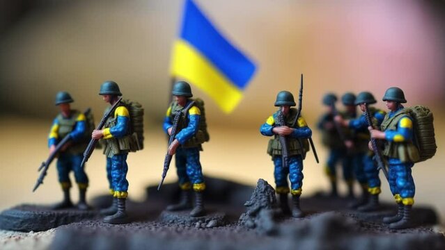 Ukraine Miniature Toy Soldiers Army and Ukrainian Flag in War Scene Illustration, Macro Tilt-Shift of Battle Concept
