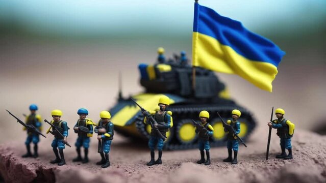 Ukraine Miniature Toys Army Soldiers, Battle Tank and Ukrainian Flag in War Scene Illustration, Macro Tilt-Shift Concept