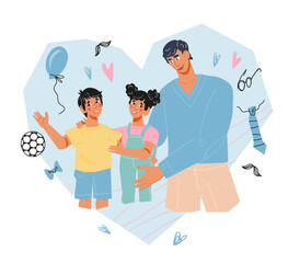 Father day card design element, flat vector illustration on white background. Happy father and children in heart shaped frame for greeting card and poster.