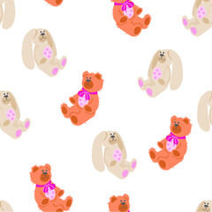 Seamless pattern with soft plush baby toys, flat vector illustration on white background. Repeating endless pattern for kids t-shirt and textile print design.